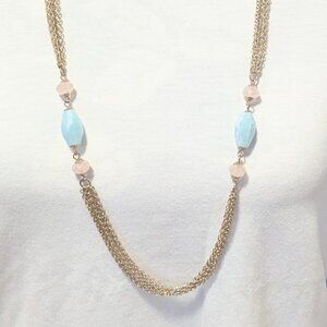 Vintage 'NWT Statement/ Multi-Chain in Silver Tone Necklace w/ Blue & Pink Beads